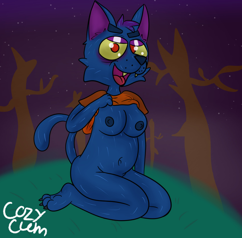 anthro breasts clothed clothing cozy_cum_(artist) dark_nipples domestic_cat felid feline felis female forest hi_res mae_borowski mammal night_in_the_woods partially_clothed plant presenting presenting_breasts public public_nudity solo tree