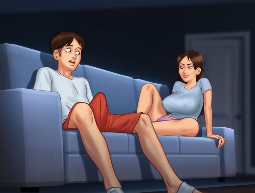 1boy 1girls 2d big_breasts big_sister bottomless bottomwear breasts brother_and_sister brown_hair bulge couch darkcookie digital_drawing_(artwork) digital_media_(artwork) duo erect_nipples erect_nipples_under_clothes erection erection_under_clothes faceless_male female female_focus half-dressed half_naked horny horny_female huge_breasts implied_incest incest jenny_(summertime_saga) laying_down laying_on_back little_brother living_room long_hair looking_at_partner looking_at_penis looking_to_the_side main_character_(summertime_saga) male male/female naughty_face naughty_smile older_sister on_back on_couch panties pants peeping room shirt short shorts sitting sitting_on_couch sofa spread_legs summertime_saga tan_body tan_skin tanline thick_thighs topwear underwear visible_nipples younger_brother