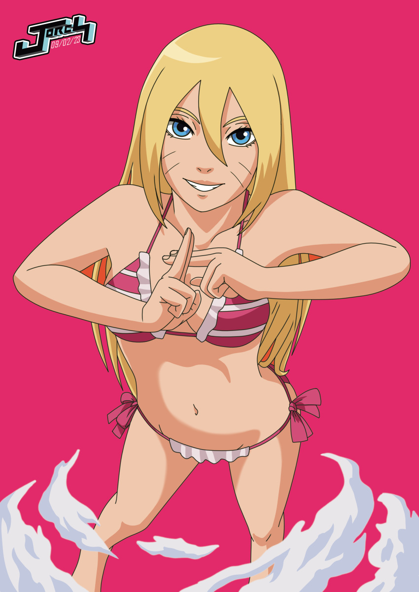 1girls bare_legs bikini blonde_hair blue_eyes boruko boruto:_naruto_next_generations breasts canon_genderswap cleavage female female_only fully_clothed gender_transformation genderswap_(mtf) grin hand_sign jorch_jacg long_hair midriff naruto naruto_(series) naughty naughty_face naughty_smile revealing_clothes rule_63 sexy_no_jutsu smile solo solo_focus standing steam swimsuit uzumaki_boruto very_long_hair