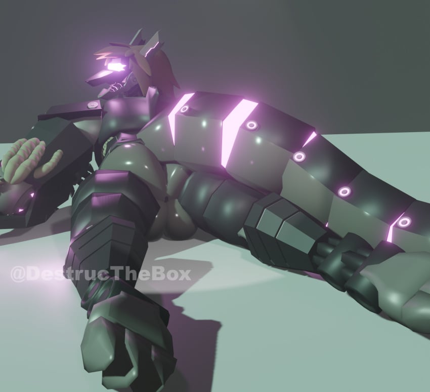 3d anthro ass balls black_body butt_focus cybernetic_arm cybernetic_leg cybernetic_limb cybernetics destructhebox feet female fish futanari genitals glowing gynomorph hi_res intersex lying machine marine metallic_body on_front pndr-614 presenting presenting_hindquarters purple_glow robot shark sluttyroboshark solo synth_(vader-san) tail