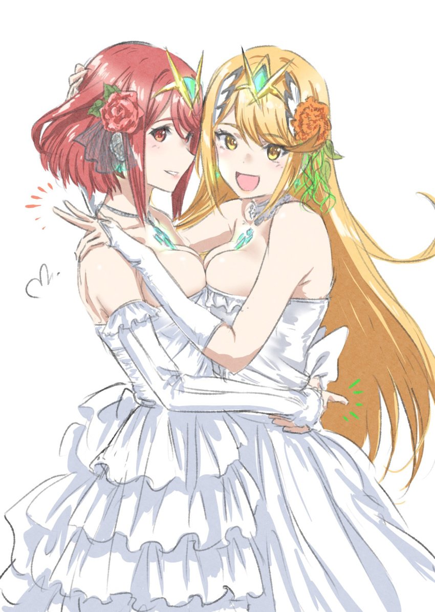 2girls blonde_hair breasts bridal_gauntlets bride choker core_crystal dress earrings flower hair_flower hand_on_head hand_on_shoulder hugging large_breasts long_hair looking_at_viewer mitsugu mythra necklace nintendo pyra red_eyes red_hair rose selfcest short_hair strapless strapless_dress tiara wedding_dress white_dress wife_and_wife xenoblade_(series) xenoblade_chronicles_2 yellow_eyes yuri