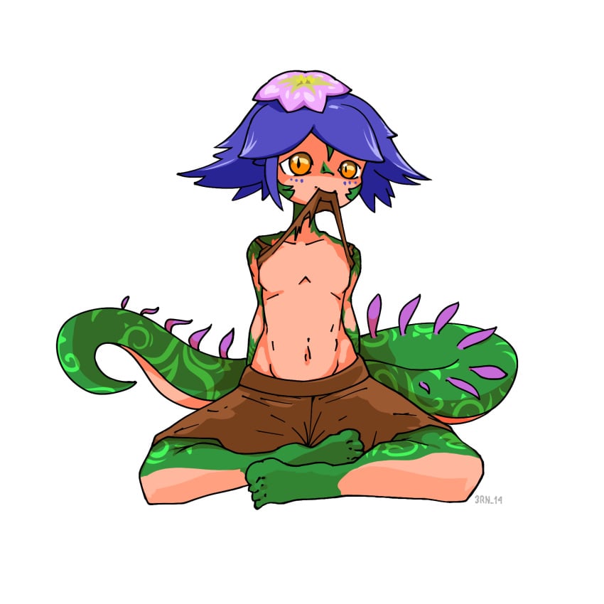 3rn14 blue_hair feet league_of_legends light-skinned_female neeko petite reptile short_hair simple_background small_breasts sticker vastaya yellow_eyes