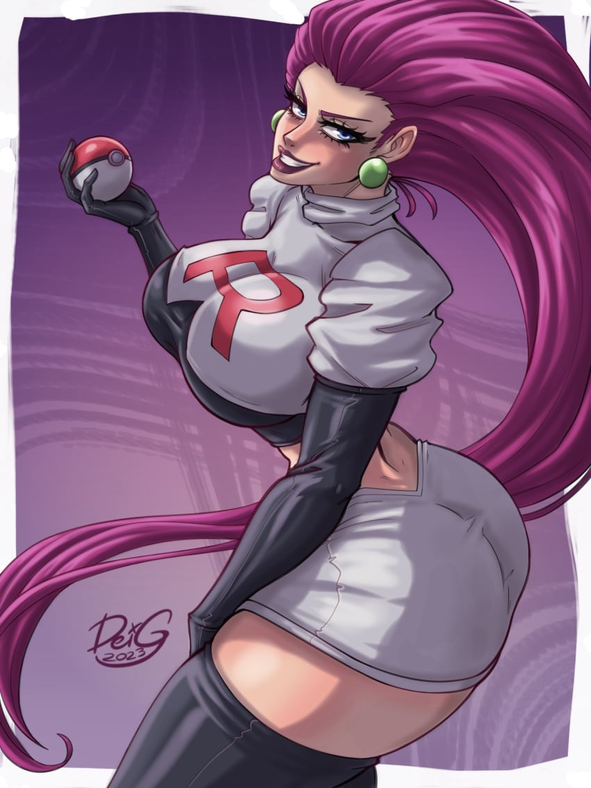 1girls armwear ass big_breasts black_gloves black_thighhighs blue_eyes bottomwear breasts deigart ear_piercing earrings elbow_gloves female female_only gloves green_earrings hair hips holding_object jessie_(pokemon) legwear lips lipstick long_hair mature mature_female pink_hair pokeball pokemon pokemon_(anime) solo solo_female thick_thighs thighhighs thighs topwear