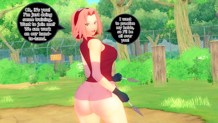 1girls ass back_view big_ass blush female female_only from_behind green_eyes knockwolf koikatsu kunoichi long_hair looking_at_viewer looking_back naruto naruto_(series) naruto_shippuden ninja outdoors pink_hair rear_view round_ass sakura_haruno smile solo solo_focus speech_bubble talking talking_to_viewer text