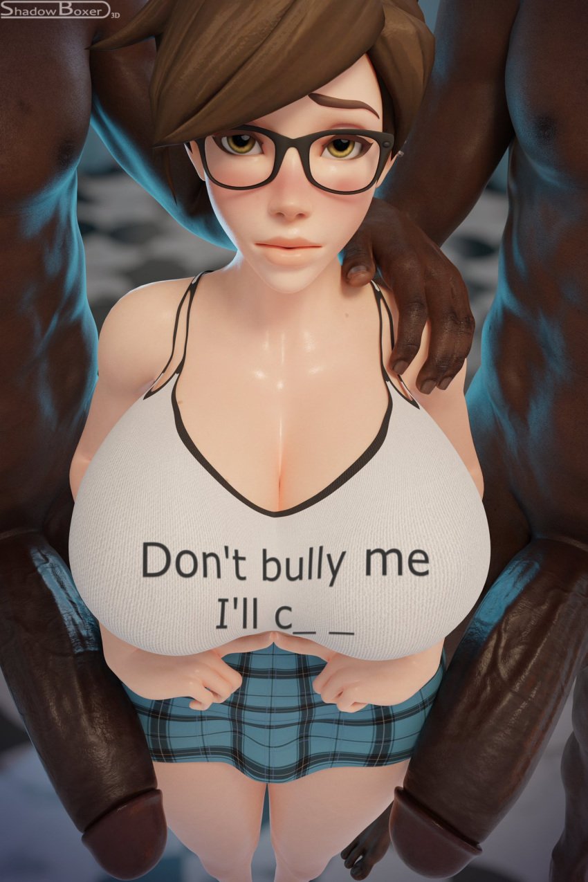 1girls 2boys 3d big_penis blizzard_entertainment dark-skinned_male dark_skin don't_bully_me_i'll_cum english_text female glasses imminent_sex index_fingers_together interracial large_breasts lena_oxton male overwatch overwatch_2 shadowboxer text tracer