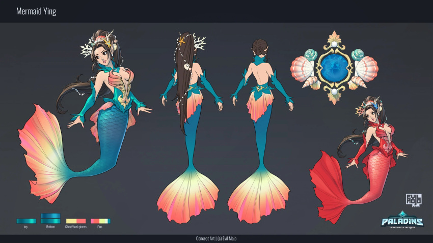 1girls breasts brown_eyes brown_hair cleavage female hi-rez_studios light-skinned_female light_skin looking_at_viewer mermaid mermaid_ying paladins smile solo ying_(paladins)