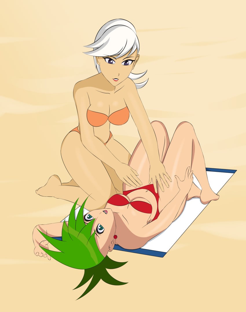 2girls anoneysnufftan applying_sunscreen beach bikini drew_saturday edasbild embarrassed female female_only green_hair humiliation imminent_death killer_lotion laying_on_back massage murder ocean on_back peril punishment rubbing sand seaside sky snuff summer sunbathing swimsuit the_secret_saturdays the_x's towel tuesday_x white_hair