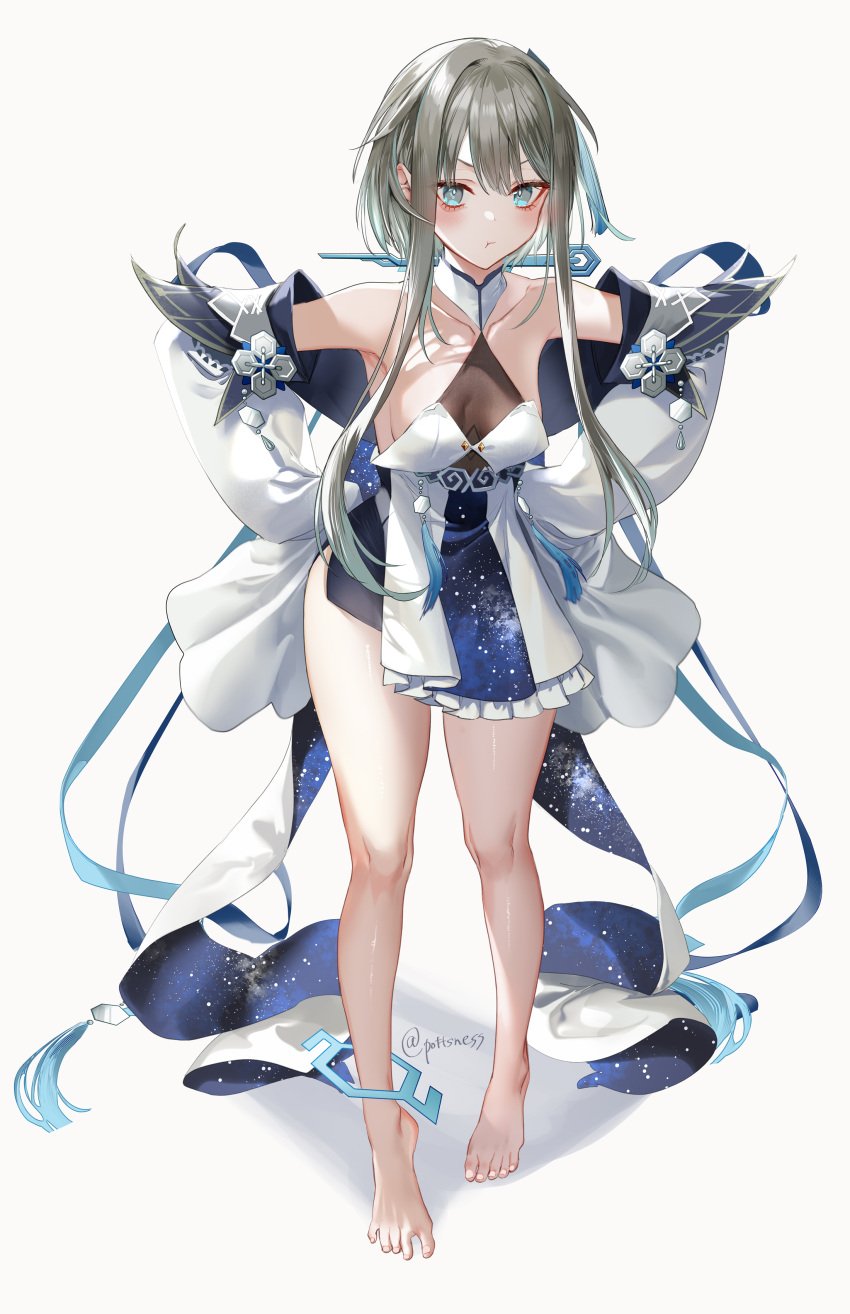 absurdres bangs bare_shoulders barefoot blue_eyes blush breasts closed_mouth collarbone feet female full_body genshin_impact grey_hair guizhong_(genshin_impact) highres legs long_hair long_sleeves looking_at_viewer medium_breasts multiple_views npc off_shoulder pottsness sidelocks simple_background sleeves_past_fingers sleeves_past_wrists solo spread_toes standing thighs toenails toes