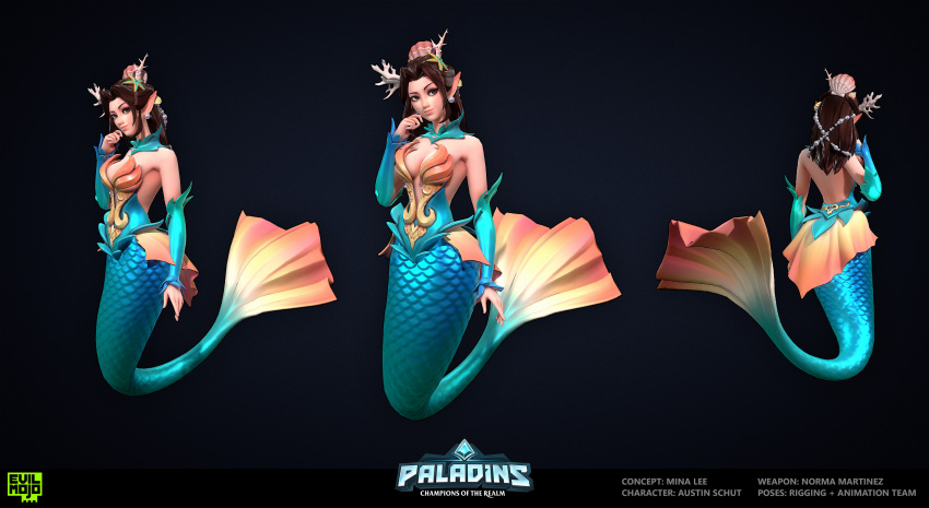 1girls 3d breasts brown_eyes brown_hair cleavage female hi-rez_studios light-skinned_female light_skin looking_at_viewer mermaid mermaid_ying paladins smile solo ying_(paladins)