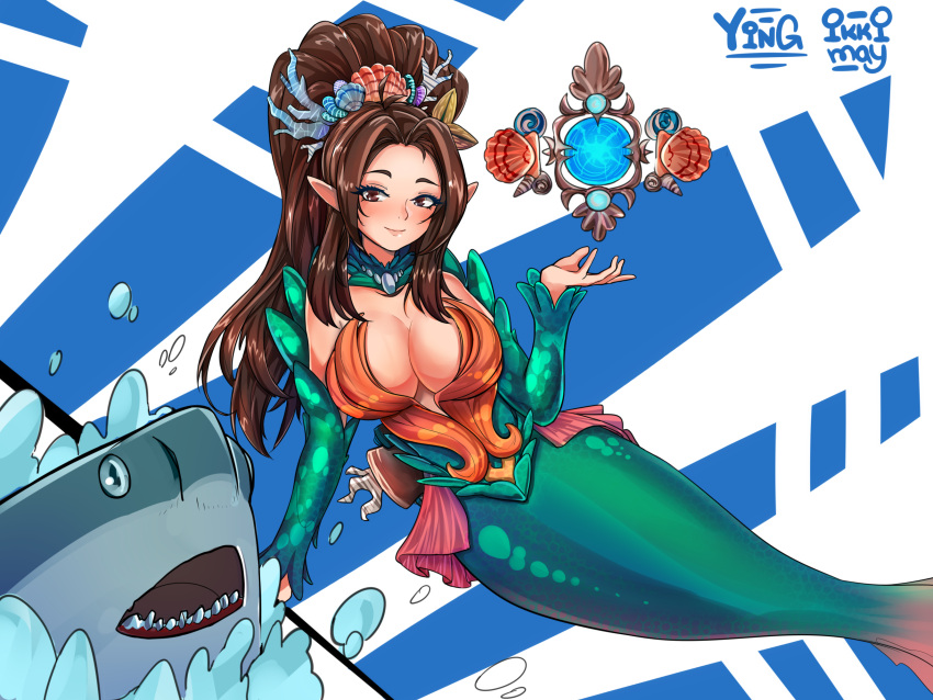 1girls breasts brown_eyes brown_hair cleavage female green_tail hi-rez_studios ikkimay light-skinned_female light_skin looking_at_viewer mermaid mermaid_ying paladins png smile solo ying_(paladins)