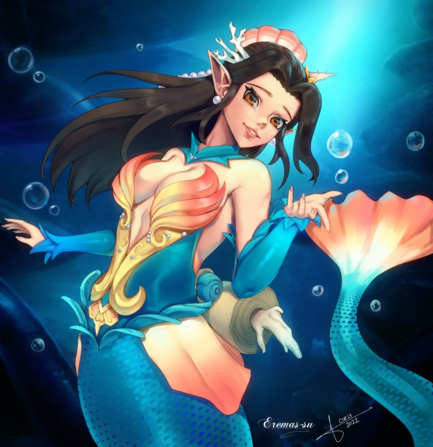 1girls breasts brown_eyes brown_hair cleavage eremassu female hi-rez_studios light-skinned_female light_skin looking_at_viewer mermaid mermaid_ying paladins smile solo underwater water ying_(paladins)