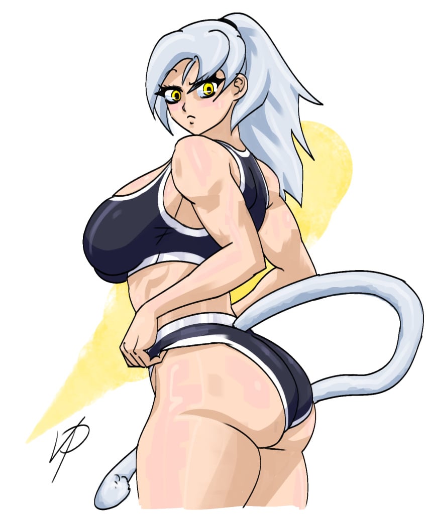 andromeda_(vpagonart) big_ass big_breasts dragon_ball female_focus female_only goddess gym_uniform huge_breasts looking_down muscular muscular_female original_character pale-skinned_female ponytail pulling_clothing saiyan saiyan_tail solo solo_female sports_bra tight_clothing vpagonart white_hair yellow_eyes