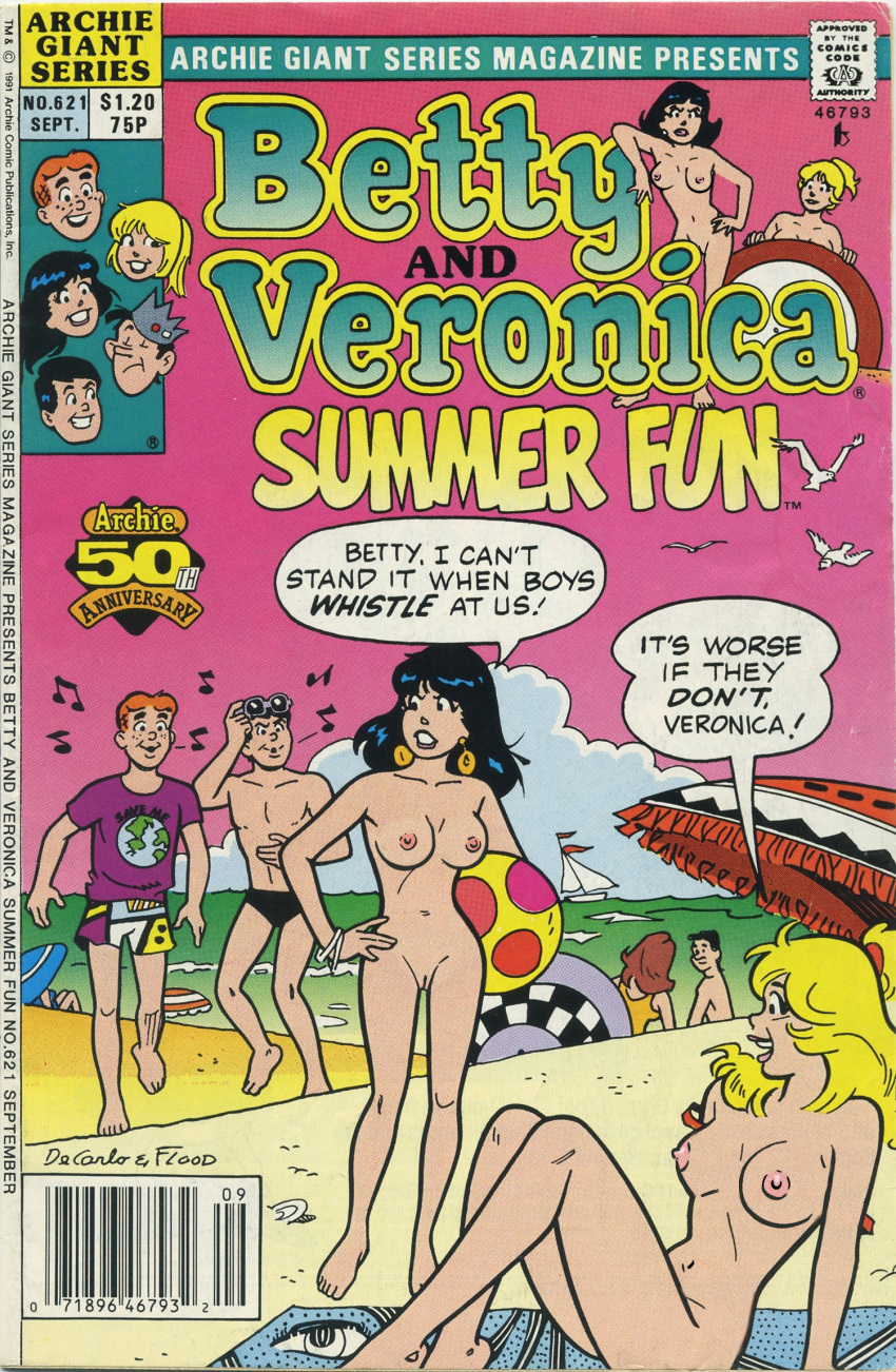 archie_andrews archie_comics areolae beach beach_ball beach_towel betty_and_veronica betty_cooper breasts casual clothed_male clothed_male_nude_female comic_cover female human male moriartyhide navel nipples nude_female nudist pale_skin public reggie_mantle tagme veronica_lodge