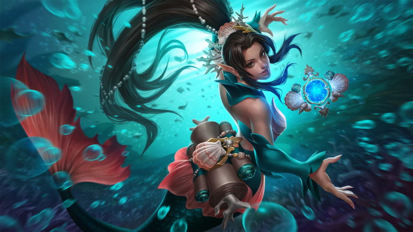 1girls breasts brown_eyes brown_hair cleavage female hi-rez_studios light-skinned_female light_skin looking_at_viewer mermaid mermaid_ying paladins smile solo underwater water ying_(paladins)