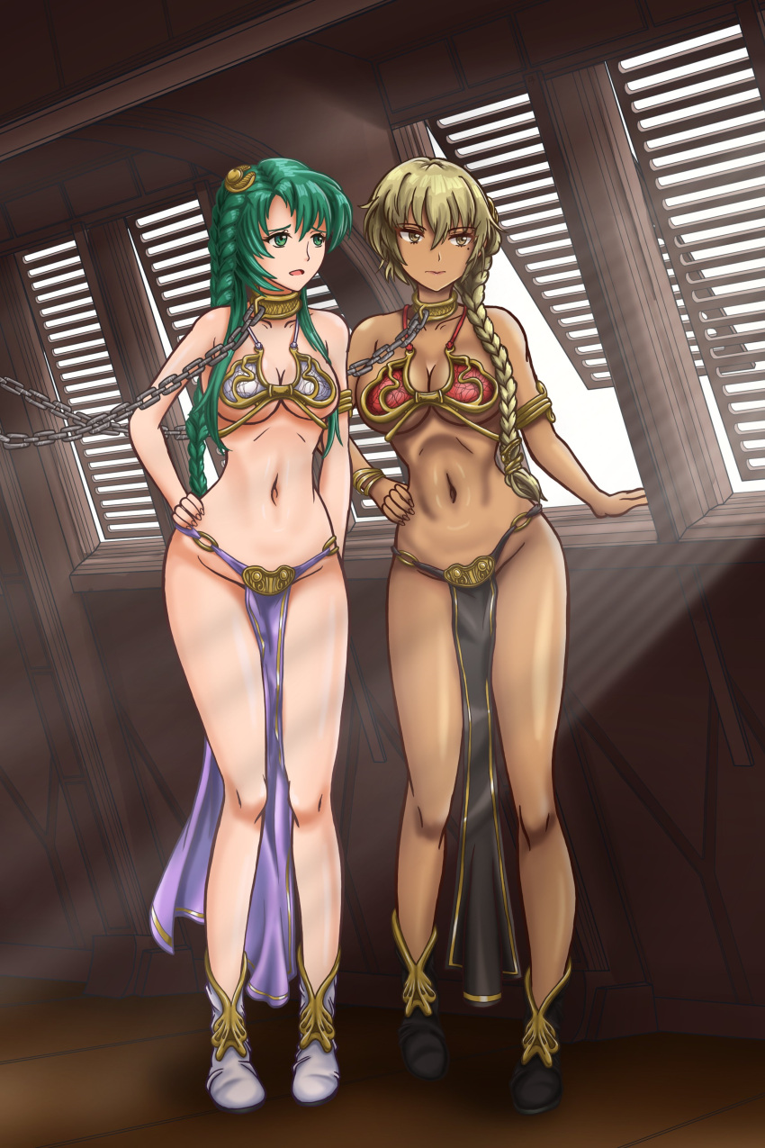 2girls absurd_res absurdres alternate_hairstyle belly_dancer belly_dancer_outfit bikini blonde_hair bondage bracelet braid braided_ponytail brown_eyes cecilia_(fire_emblem) chain_leash chains cleavage collar crossover dark-skinned_female dark_skin female female_only femsub fire_emblem fire_emblem:_the_binding_blade green_eyes green_hair hair_ornament harem harem_girl harem_outfit hi_res highres igrene_(fire_emblem) leash light-skinned_female light_skin loincloth long_hair nintendo skimpy slave slave_bikini slave_collar slave_leia_(cosplay) slave_outfit slavegirl star_wars very_high_resolution very_long_hair zarohidehire