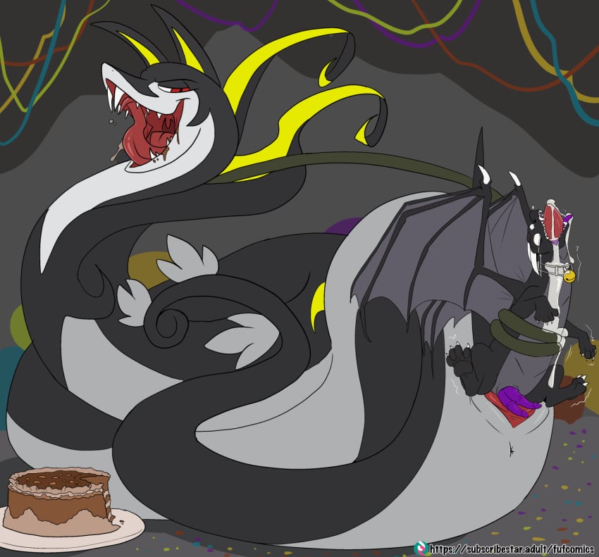 2_penises all_the_way_through animal_genitalia animal_penis anus black_body black_scales bodily_fluids cake cum dessert diphallia diphallism dragon duo feral food fuf generation_5_pokemon genital_fluids genitals hemipenes hi_res male male/male membrane_(anatomy) membranous_wings multi_genitalia multi_penis nintendo open_mouth penis pokemon pokemon_(species) purple_penis scales serperior what wings