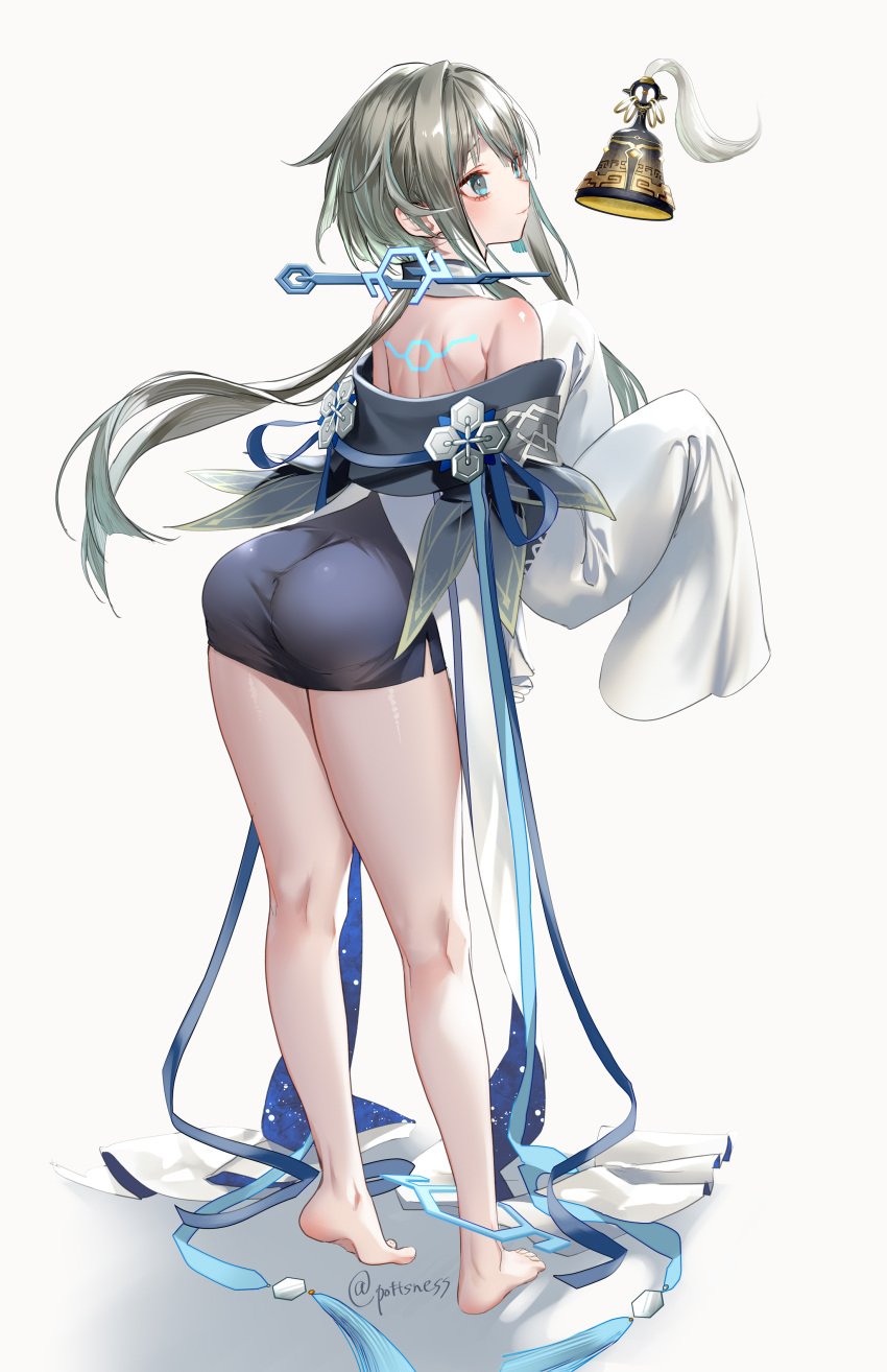 absurdres arched_back ass bangs bare_shoulders barefoot bell blue_eyes blush body_blush closed_mouth female from_behind full_body genshin_impact grey_hair guizhong_(genshin_impact) highres legs long_hair long_sleeves looking_at_object npc off_shoulder pottsness sidelocks simple_background sleeves_past_fingers sleeves_past_wrists smile solo standing thighs toes