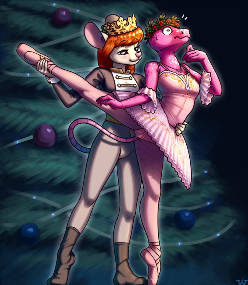 anthro ballet blush breasts brown_hair clothing crown dress duo female female/female footwear fur hair headgear hi_res leotard mammal mouse murid murine pink_body pink_nose pink_scales reptile rodent scales scalie sex snake socks tail tail_fetish tail_play tail_sex the_nutcracker white_body white_fur wick_(artist)