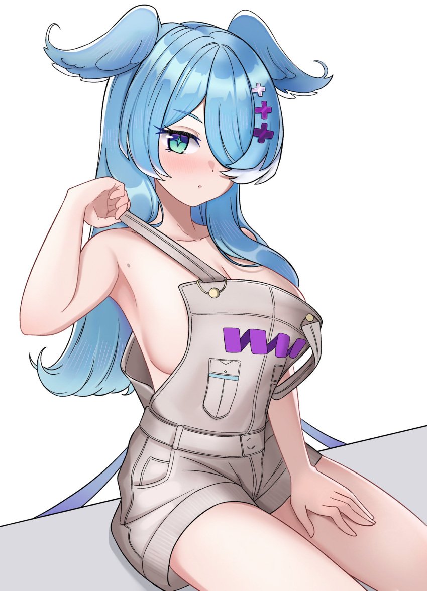 arm_up armpits blue_hair breasts cleavage daru_(jdthunderhawk) dragon_girl elira_pendora hair_over_one_eye head_wings mole mole_on_armpit naked_overalls nijisanji nijisanji_en overalls_only sideboob sitting topless virtual_youtuber wings