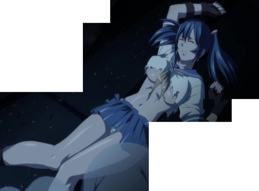 2008 above_view bashoku_youjou big_breasts blue_hair breasts clenched_teeth closed_eyes defeat defeated defeated_heroine dust dutch_angle female female_focus female_only fingerless_gloves gloves ikkitousen ikkitousen_great_guardians large_breasts laying laying_back laying_on_back laying_on_ground panties pantyshot ripped_clothing ripped_shorts ripped_skirt school_uniform schoolgirl screencap screenshot screenshot_edit stitched torn_clothes torn_shirt torn_skirt twintails underwear viewed_from_above white_panties