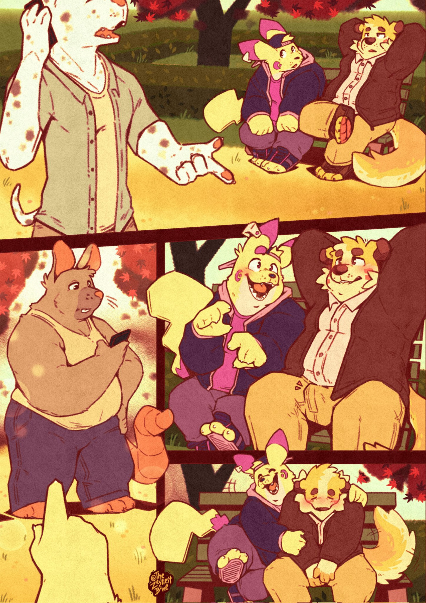 anthro blush bulge canid canine clothing detailed_background duo erection hi_res laugh male male/male mammal nintendo pikachu pokémon_(species) pokemon public rodent slightly_chubby smile zestibone zesty_(zestibone)