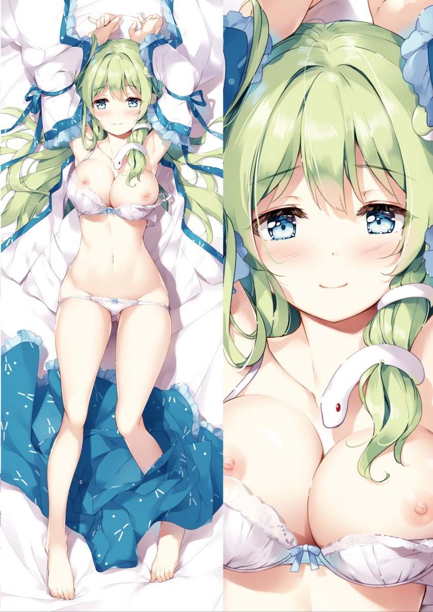 1girls armpits bangs blue_eyes blush breasts female female_only full_body green_hair hair_ornament highres long_hair looking_at_viewer miyase_mahiro nipples panties sanae_kochiya simple_background snake_hair_ornament solo stomach thighs touhou underwear white_panties