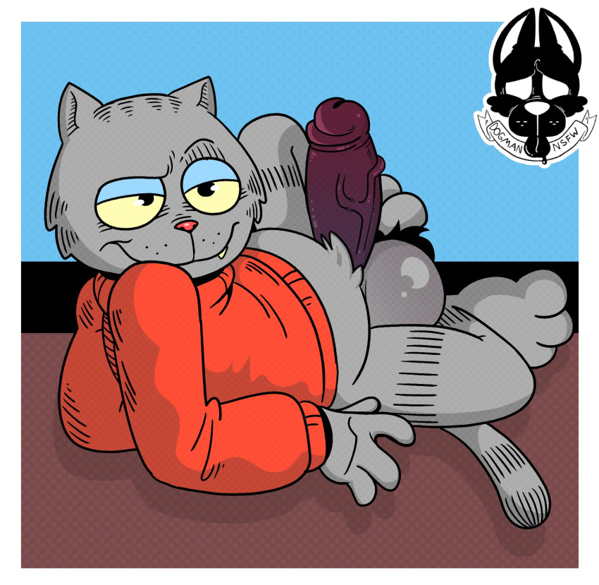 anthro anthro_male balls black_highlights blue_eyelids bottomless bottomless_male clothing dogmanart eyebrows feline fritz_the_cat fritz_the_cat_(character) fur genitals glistening glistening_balls glistening_genitalia grey_body grey_fur hi_res highlights_(coloring) male mammal raised_eyebrow red_clothing red_sweater red_topwear smile sweater topwear yellow_eyes