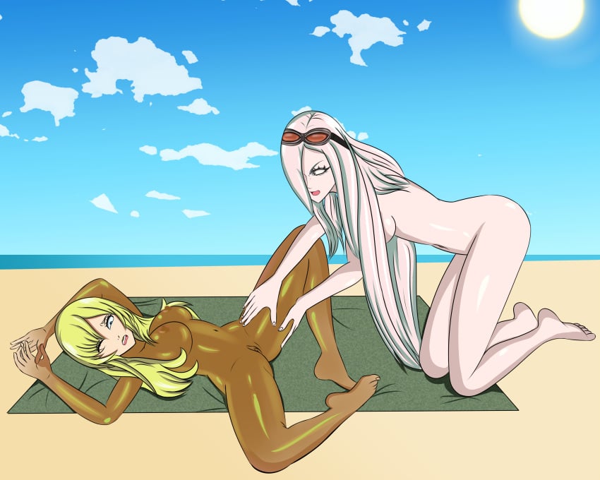 2girls anoneysnufftan applying_sunscreen arms_up bayonetta beach blonde_hair blue_eyes breasts crossover edasbild embarrassed embarrassed_nude_female female female_only goggles goggles_on_head humiliation imminent_death jeanne_(bayonetta) killer_lotion laying_on_back legs_spread long_hair looking_down lotion massage metal_gear_solid multiple_girls murder nipples nude ocean oil oiled on_back one_eye_closed peril punishment pussy rubbing sand scared screaming seaside shiny_skin sky sniper_wolf snuff summer sunbathing sunscreen towel white_hair wince