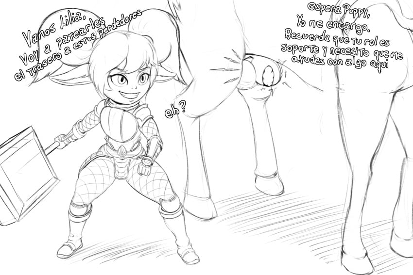 1futa 1girls big_penis_in_chastity chastity chastity_cage clothed clothing dialogue eljodraw fanart female female_focus fully_clothed futanari hammer horse horsecock humanoid league_of_legends lillia_(league_of_legends) monochrome penis poppy self_upload sketch solo_focus spanish_text standing taur text translation_request yordle