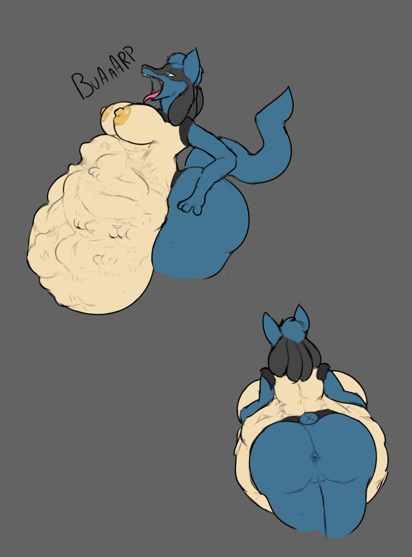 ambiguous_gender ambiguous_prey anthro anus ass back_boob big_breasts big_butt bodily_fluids body_outline breast_expansion breasts burping expansion face_imprint female female_pred generation_4_pokemon genitals hand_imprint hand_on_hip hi_res huge_breasts huge_butt imprint lucario multiple_prey nintendo open_mouth pokemon pokemon_(species) pussy rear_view saliva saliva_string side_view vore yerbabuena