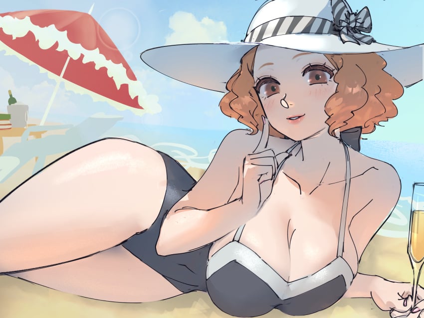 /// 1girls atlus bare_shoulders beach big_breasts blush breasts brown_eyes brown_hair champagne_flute cleavage collarbone curly_hair embarrassed female female_only haru_okumura hat highres huge_breasts large_breasts light-skinned_female lips looking_at_viewer lying navel_visible_through_clothes on_side one-piece_swimsuit one_finger_up outdoors outside persona persona_5 poechan seductive short_hair smile solo swimsuit thick_thighs thighs umbrella wide_hips