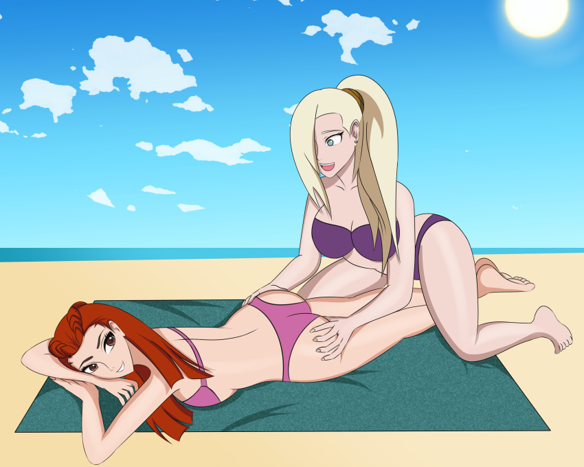 2girls anoneysnufftan applying_sunscreen beach bikini blonde_hair blue_eyes crossover dahlia_hawthorne edasbild embarrassed female female_only gyakuten_saiban hands_on_ass humiliation imminent_death ino_yamanaka killer_lotion laying_on_stomach long_hair massage murder naruto ocean on_stomach outdoors outside peril punishment red_hair rubbing sand seaside sky snuff summer sunbathing swimsuit towel