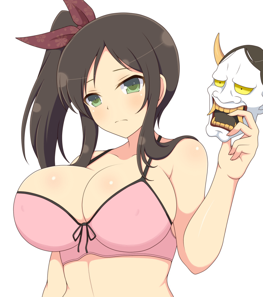 1girls bra brown_hair cleavage female green_eyes hair_ornament huge_breasts ichiryuu_tsumiki light-skinned_female light_skin long_hair looking_at_viewer murakumo_(senran_kagura) oni_mask ribbon senran_kagura side_ponytail simple_background solo standing white_background