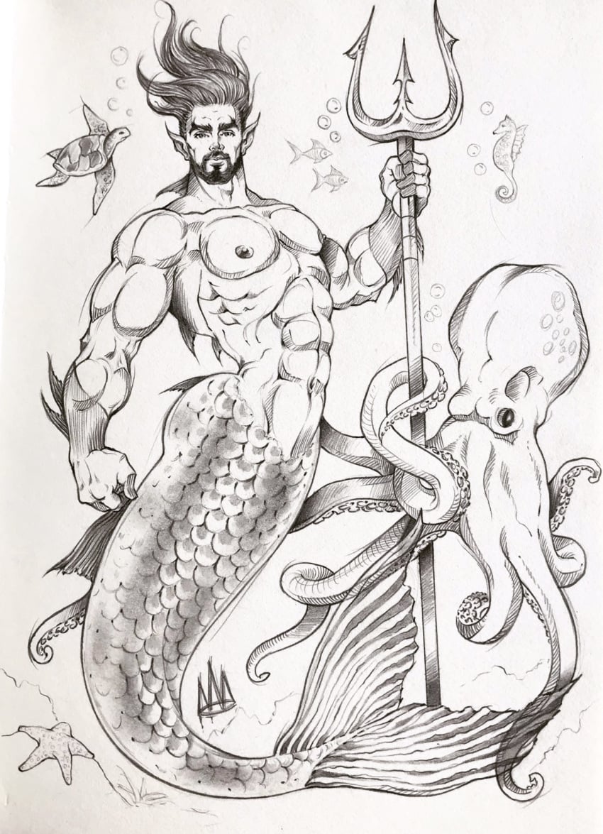 black_and_white bubbles fish looking_at_viewer male male_only merfolk merman muscles muscular muscular_male octopus posing rodrigolandave8 sea_turtle seahorse sketch starfish triton uncolored underwater