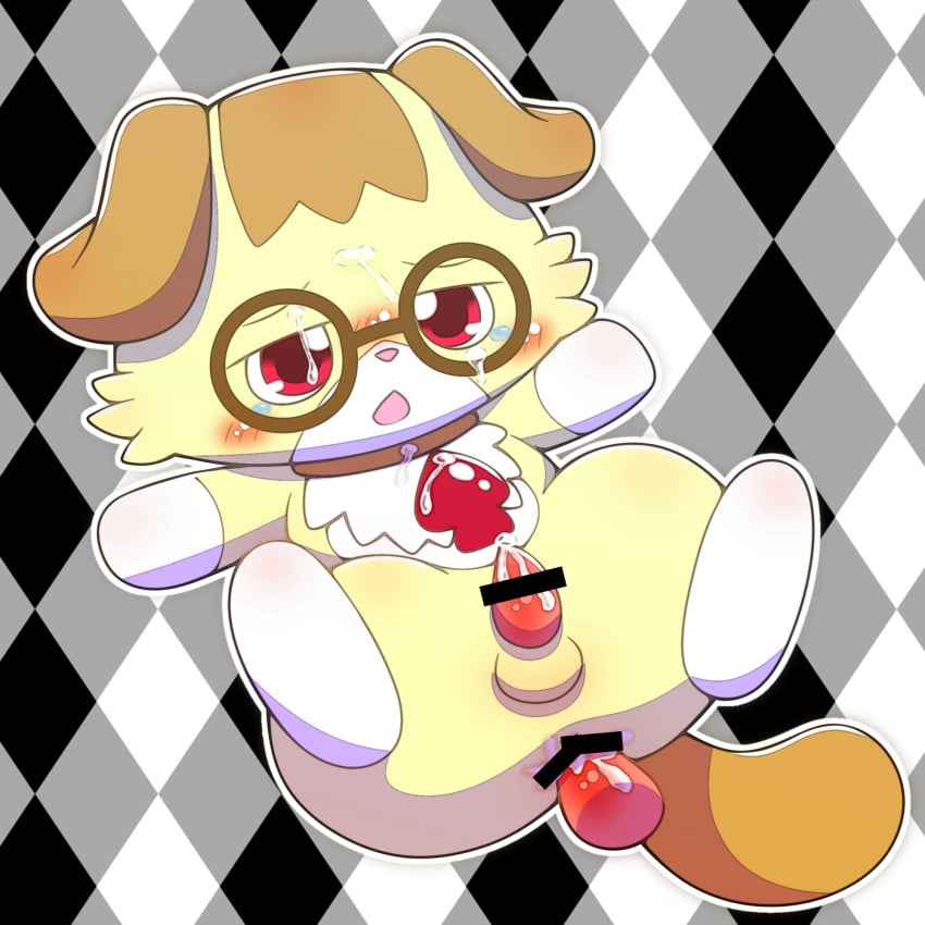 abstract_background alex_(jewelpet) animal_genitalia anthro balls blush bodily_fluids brown_ears brown_tail censor_bar censored censored_anus censored_genitalia censored_penis chest_tuft chibi cum cum_drip cum_in_ass cum_inside cum_on_chest cum_on_face cum_on_glasses cum_on_penis cum_on_self cum_while_penetrated diamond_pattern dipstick_paws disembodied_penis domestic_cat dripping duo erection faceless_character faceless_male felid feline felis fur genital_fluids genitals hi_res jewelpet male male/male mammal penetration penis red_eyes sanrio scottish_fold semi-anthro spades_(suit) spread_legs spreading suit_symbol tail tnoc_1100 tuft yellow_body yellow_fur