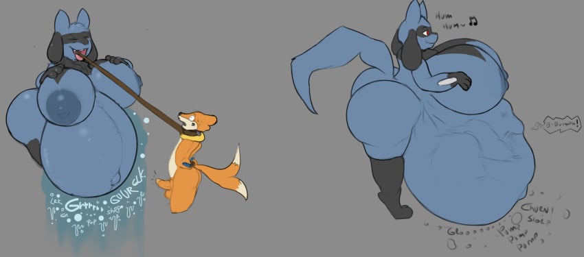 anthro ass balls before_and_after big_breasts big_butt body_outline breasts buizel digestion digestion_noises duo erection face_imprint female female_pred forced generation_4_pokemon genitals hand_on_breast hi_res huge_belly huge_breasts imprint larger_anthro larger_female leash leash_and_collar leg_markings male markings muffled multiple_prey navel nintendo oral_vore outie_navel penis pokemon pokemon_(species) riolu size_difference smaller_anthro smaller_male socks_(marking) thick_thighs unwilling_prey vore yerbabuena