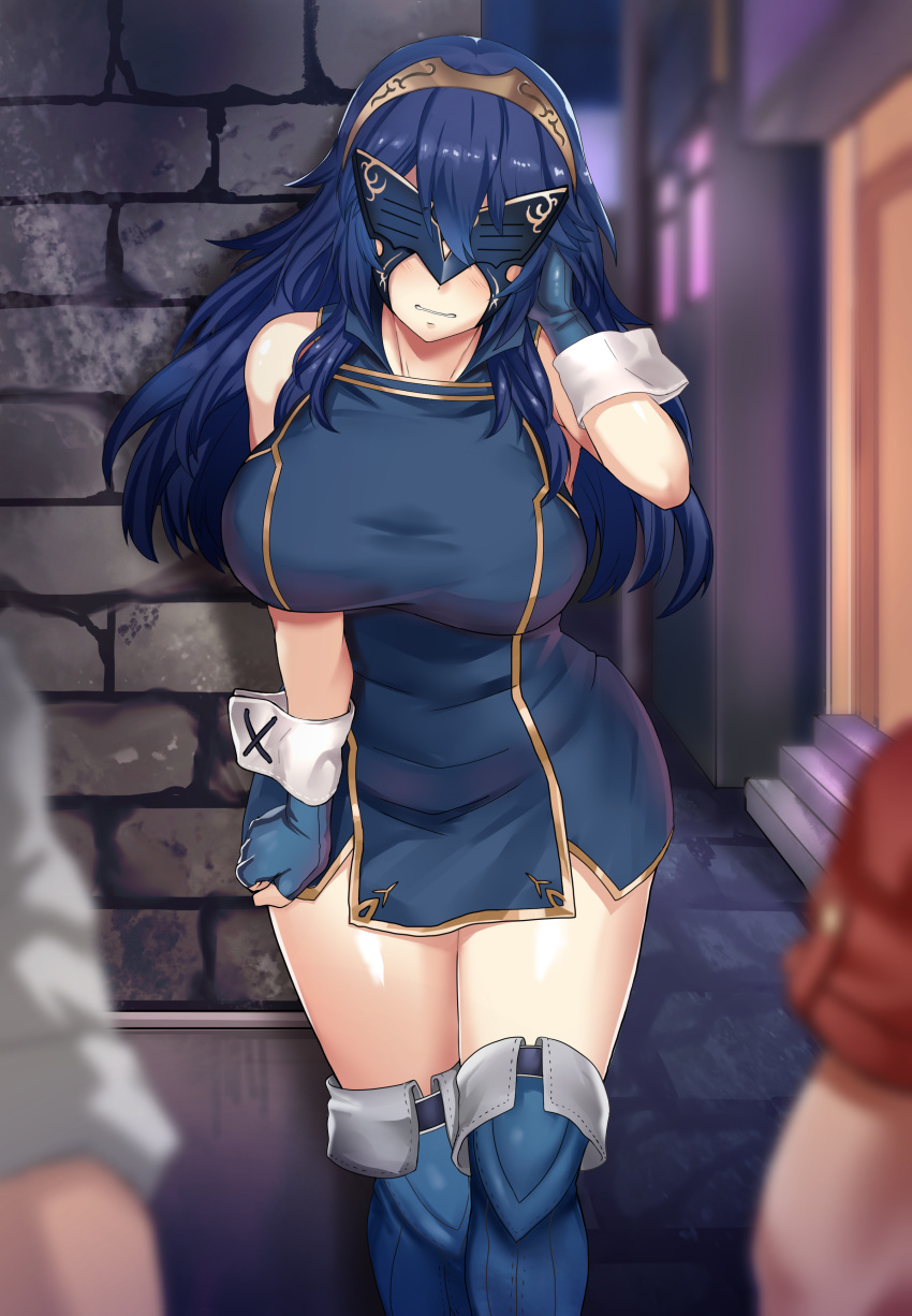 1girls alley alternate_breast_size alternate_version_available big_breasts blue_hair female fire_emblem fire_emblem_awakening hi_res highres large_breasts long_hair lucina_(fire_emblem) maki_ikazuya marth_(fire_emblem_awakening) mask nintendo prostitution tiara voluptuous wide_hips