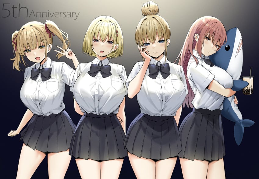 2023 4girls :> :d absurd_res anniversary arm_behind_back arms_behind_back bare_arms blahaj blonde_hair blue_eyes blush bow bowtie breasts brown_eyes brown_hair bubble_tea clothed clothing collared_shirt drink english_text eyebrows_visible_through_hair eyes_visible_through_hair fangs female female_only fully_clothed gradient_background grey_background hair_between_eyes hair_buns hairclip hand_on_head head_tilt highres himeko_(sky_(freedom)) hinano_(sky_(freedom)) holding_drink huge_breasts hugging_plushie ikea ikea_shark joshi_kōsei_rich_thots kaori_(sky_(freedom)) large_breasts long_hair looking_at_viewer matching_hair/eyes multiple_girls open_mouth original pink_eyes pink_hair pleated_skirt plushie riko_(sky_(freedom)) school_uniform shark_plush shirt short_hair simple_background skirt sky_(freedom) smile standing stuffed_animal stuffed_shark teeth text thighs tied_hair tongue twintails uniform v