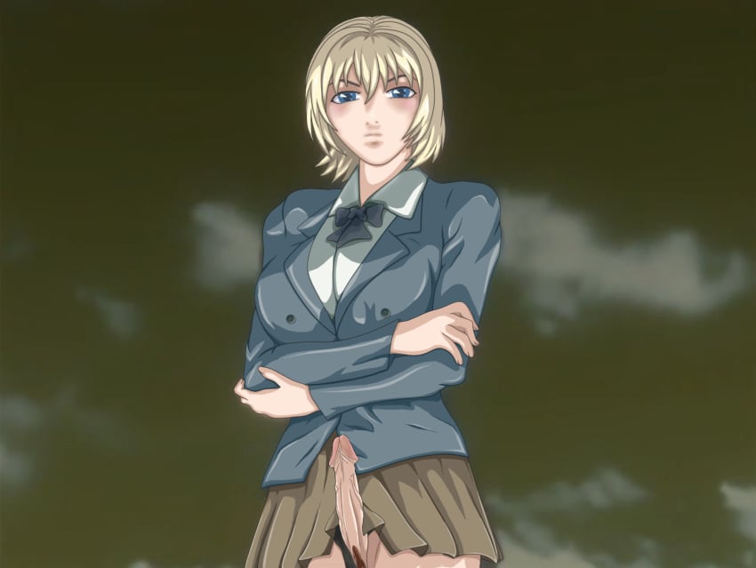 1futa bible_black blonde_hair bottomless casual clothed clothing crossed_arms erection futa_only futanari green_eyes human jody_crowley large_breasts light-skinned_futanari light_skin mostly_clothed pale_skin panties school_uniform shin_bible_black short_hair skirt solo standing