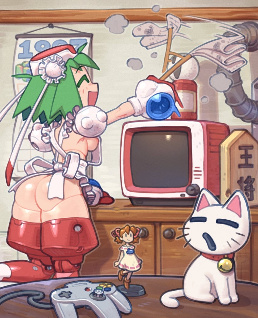 1girls ass breasts character_miniature cleaning darkbot domestic_cat duster female green_hair josette maid_uniform marina_liteyears mischief_makers small_breasts square_enix television video_game_controller wonder_project_j wonder_project_j2