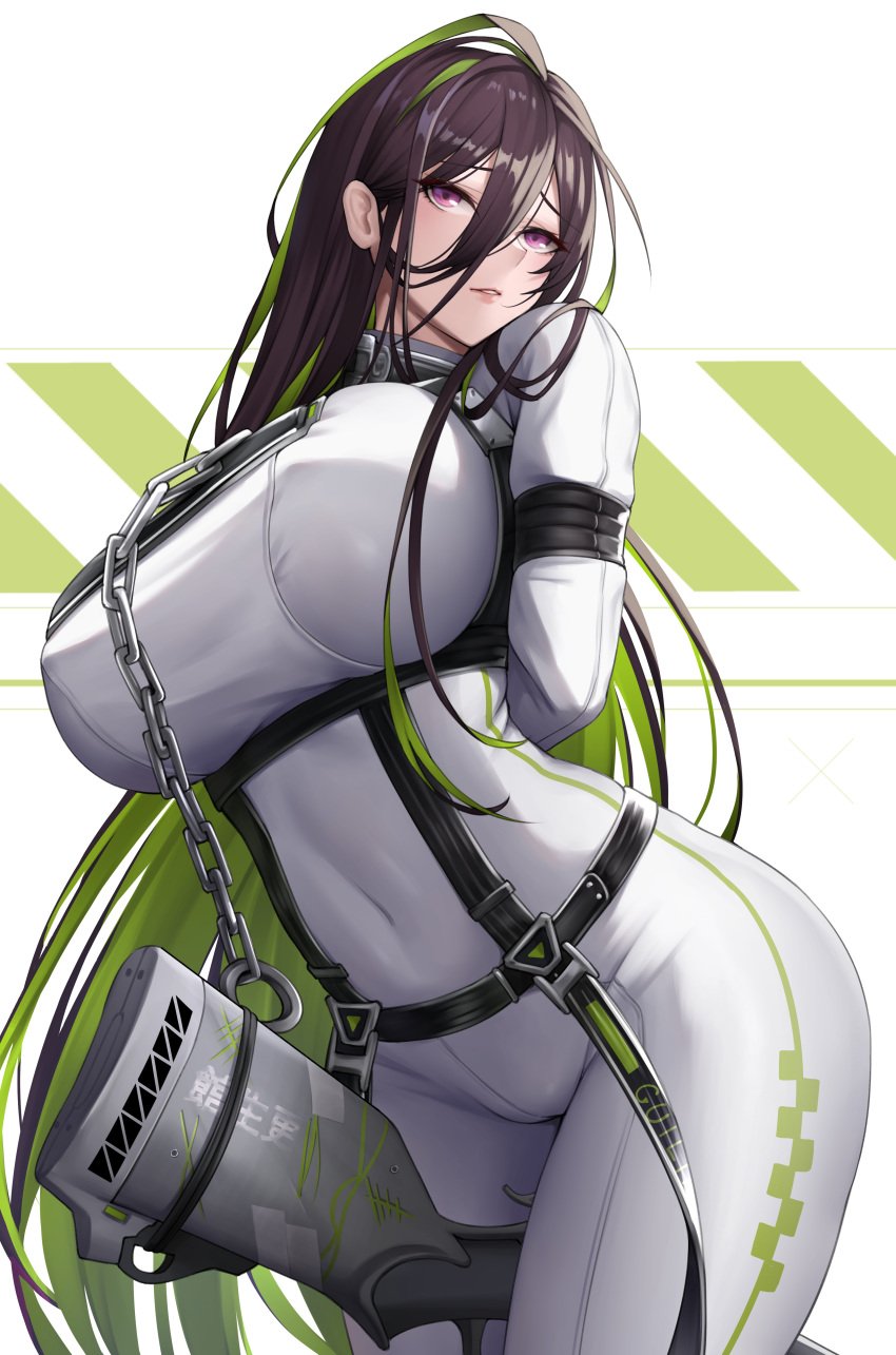 1girls arms_behind_back big_breasts black_hair bodysuit bondage bound breasts chained chains goddess_of_victory:_nikke green_hair guilty_(nikke) gun hi_res kuronerinka prisoner purple_eyes restrained skin_tight solo straitjacket tight_clothing two_tone_hair weapon