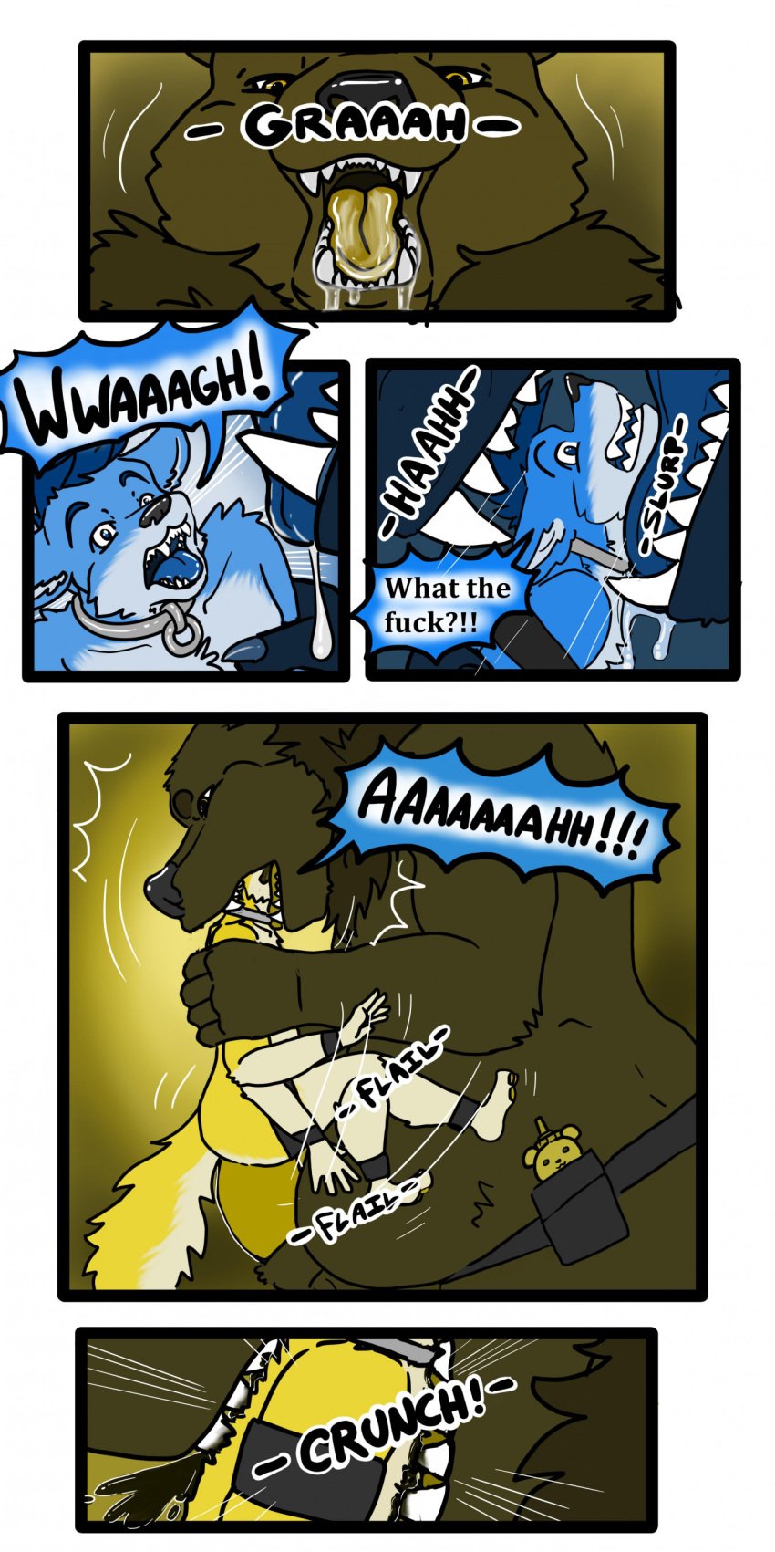 absurd_res anal anal_sex anthro anthro_on_anthro anthro_penetrated anthro_penetrating anthro_penetrating_anthro bear belly biped bite blood bodily_fluids body_hair canid cobalt_(tatsuchan18) collar comic dialogue drooling duo english_text fur genitals hi_res male male/male mammal open_mouth panicking penetration penis saliva sex sound_effects speech_bubble stare stretching tatsuchan18 teeth text text_box vore