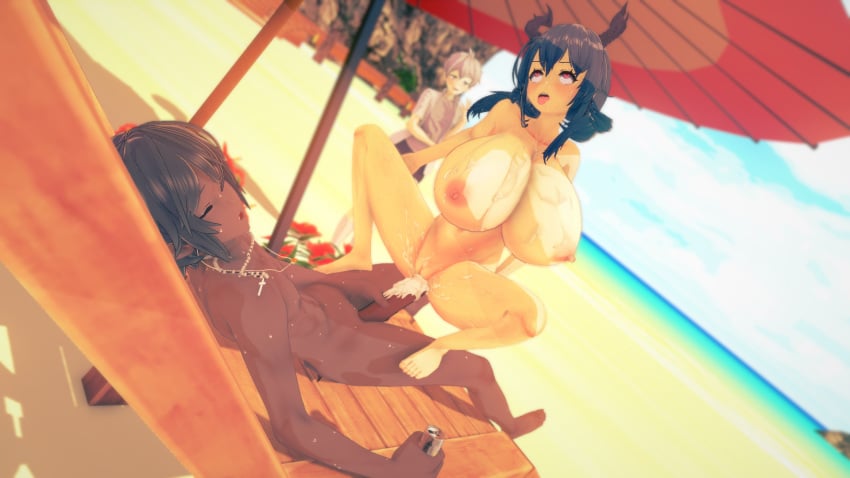 1girls 2boys arknights beach beach_chair beach_sex beach_umbrella beer_can breasts_bigger_than_head ch'en_(arknights) cowgirl_position cum cum_in_pussy cum_inside dark-skinned_male gigantic_breasts heart-shaped_pupils huge_breasts koikatsu light-skinned_female light-skinned_male mephisto_(arknights) ocean public_sex sex spyrodragon2003 thorns_(arknights)