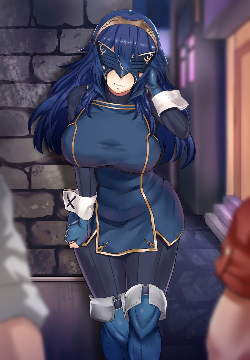 1girls alley alternate_breast_size big_breasts blue_hair female fire_emblem fire_emblem_awakening hi_res highres large_breasts long_hair lucina_(fire_emblem) maki_ikazuya marth_(fire_emblem_awakening) mask nintendo prostitution tiara voluptuous wide_hips