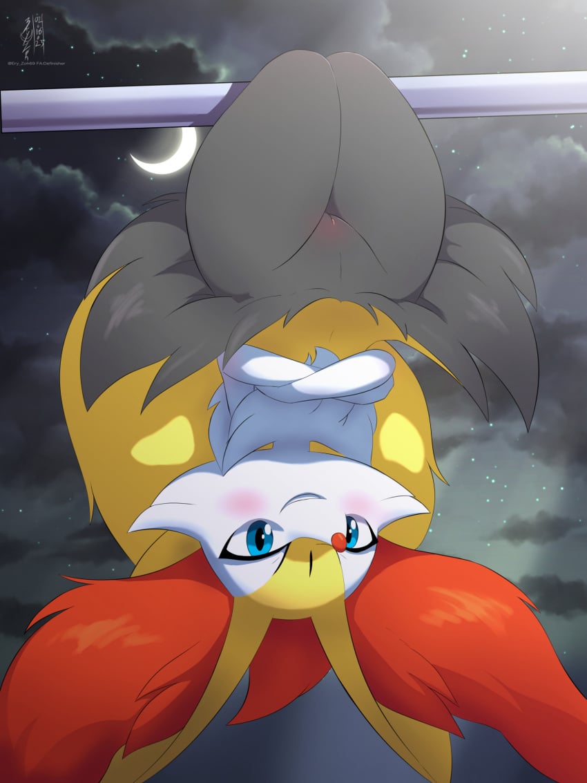 2d alternate_eye_color animal_ear_fluff animal_ears animal_nose artist_name bedroom_eyes black_fur black_sky blue_eyes blush body_fur braixen clitoral_hood cloud color commentary crescent_moon crossed_arms dated english_commentary eryz female flat_chest fox_ears fox_girl fox_tail fur_collar furaffinity_username furry furry_female grin groin hanging happy highres looking_at_viewer moon multicolored_fur narrowed_eyes night on_model open_mouth outdoors pokémon_(species) pokemon pokemon_(species) pole seductive signature skinny smile snout solo star_(sky) tail teeth thick_thighs thighs twitter_username upside-down white_fur yellow_fur