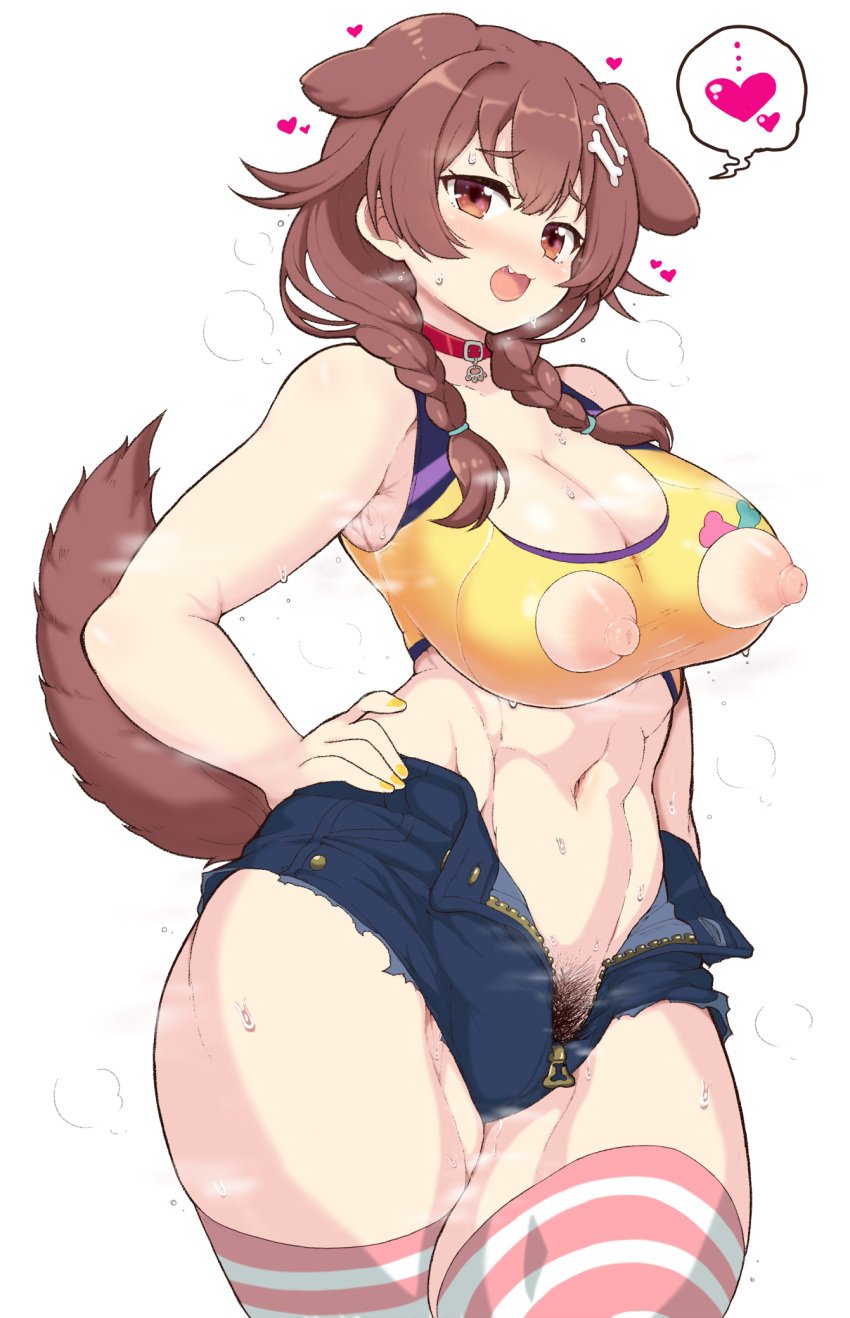 abs animal_ears areolae bangs bare_shoulders big_breasts big_thighs bottom_heavy bra braid breasts brown_hair cleavage clothing collar cowboy_shot denim denim_shorts dog_ears dog_girl dog_tail female hair_ornament hairpin hand_on_hip heart high_resolution hololive hololive_gamers hololive_japan huge_ass huge_breasts huge_thighs inugami_korone jewelry large_breasts large_nipples legwear looking_at_viewer matarou_(matarou072) medium_hair midriff muscle muscular muscular_female nail_polish navel nipple_cutout nipples nopan oerba_yun_fang open-mouth_smile open_mouth orange_eyes pink_legwear pink_thighhighs pubic_hair pubic_hair_peek shorts simple_background simple_background:d smile solo solo_female speech_bubble sports_bra standing steaming_body striped striped_legwear sweat sweatdrop sweating sweaty sweaty_body tail thick_thighs thighhighs thighs tied_hair toned toned_female twin_braids unzipped virtual_youtuber white_background wide_hips yellow_bra