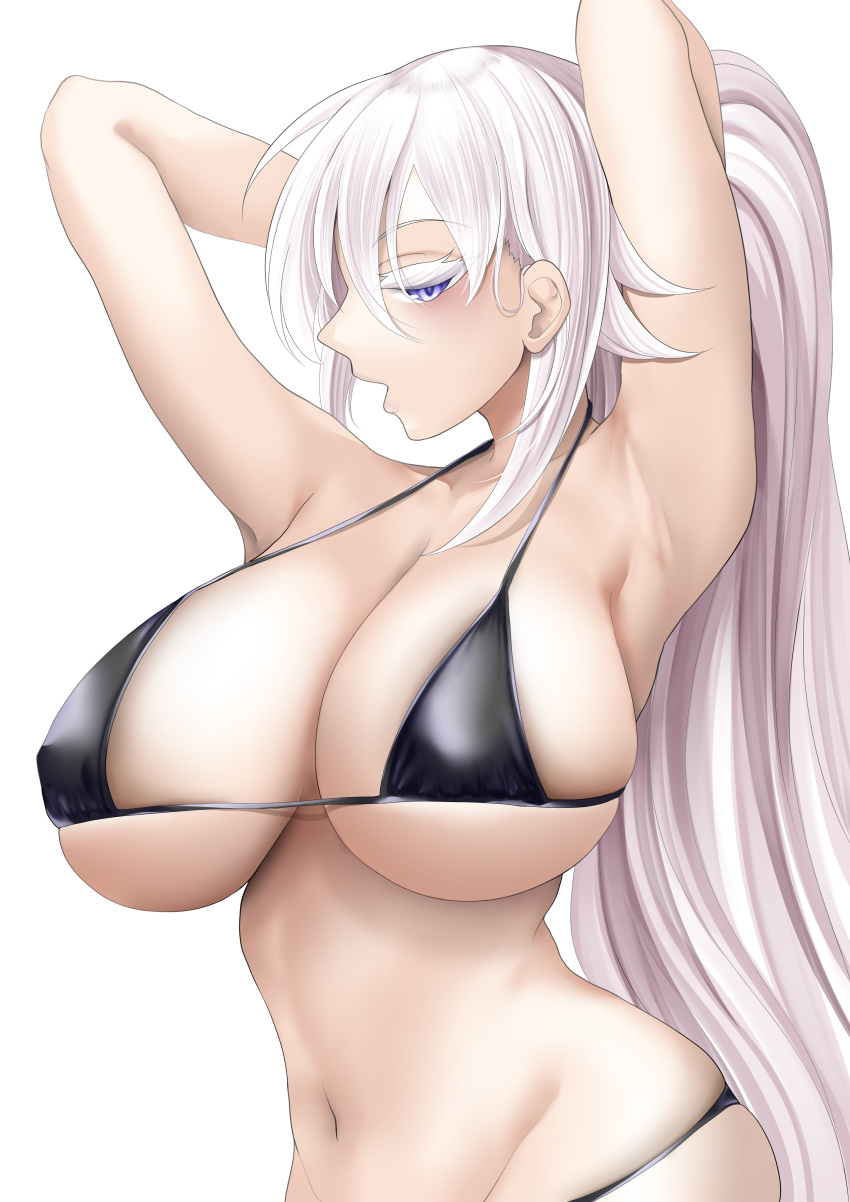 1girls arms_behind_head big_breasts bikini black_bikini breasts busty curvaceous curvy curvy_body curvy_female curvy_figure eyelashes female hands_behind_head huge_breasts kouglof0141 large_breasts light-skinned_female light_skin original original_character ponytail voluptuous