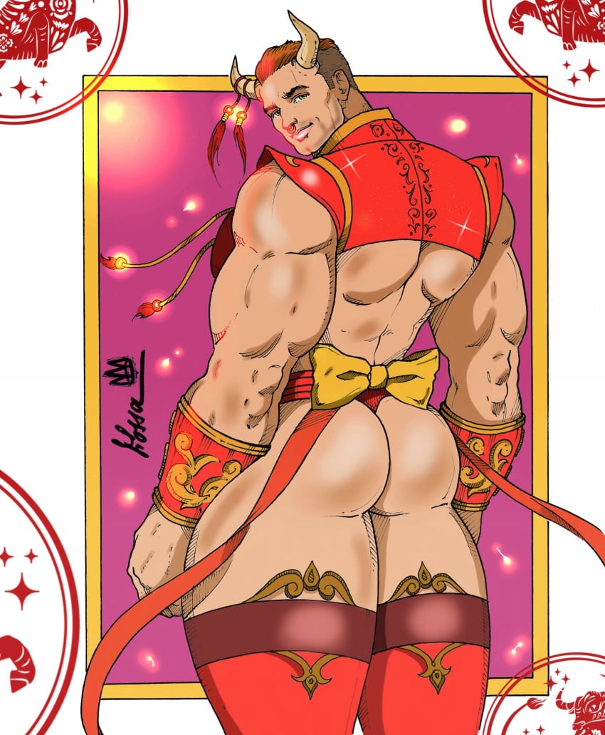 ass back_muscles bara big_ass big_butt butt chinese_zodiac crop_top huge_ass huge_butt looking_at_viewer looking_back lunar_new_year male male_only muscles muscular muscular_male ox_(chinese_zodiac) rodrigolandave8 smiling smiling_at_viewer thick_thighs year_of_the_ox