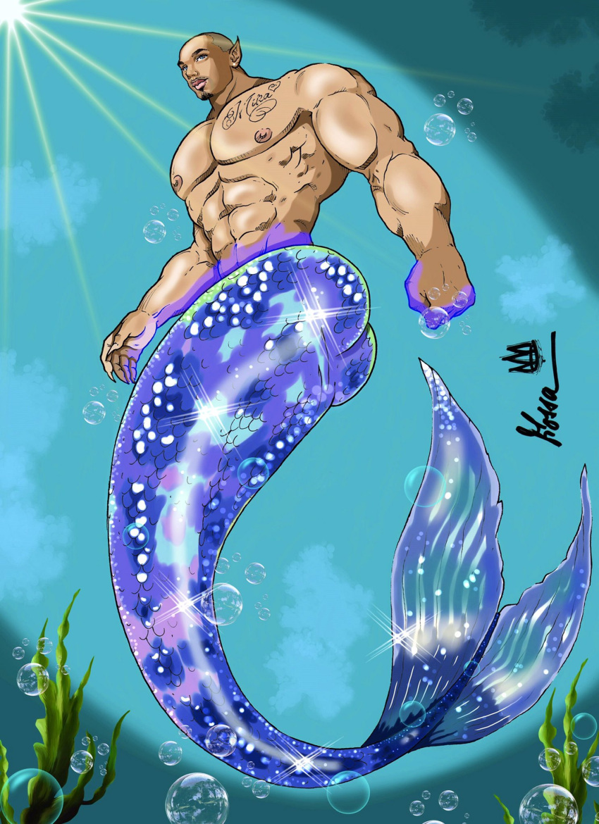 abs ass fish_tail male male_only merman muscles muscular muscular_male mythical_creature pecs pointy_ears rodrigolandave8 tattoos underwater