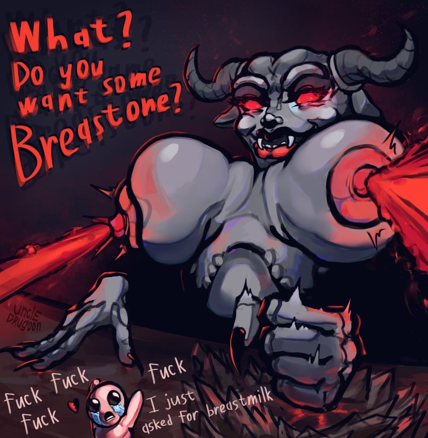 ? arms_up asking_question big_breasts black_horns breasts claws crying fangs female fist goat_horns health_bar heart horns huge_breasts isaac_(the_binding_of_isaac) laser laser_tits lasers mega_satan_(the_binding_of_isaac) naked no_legs nude open_mouth question red_eyes red_text running running_away sharp_teeth size_difference tears text the_binding_of_isaac uncle_drugoon